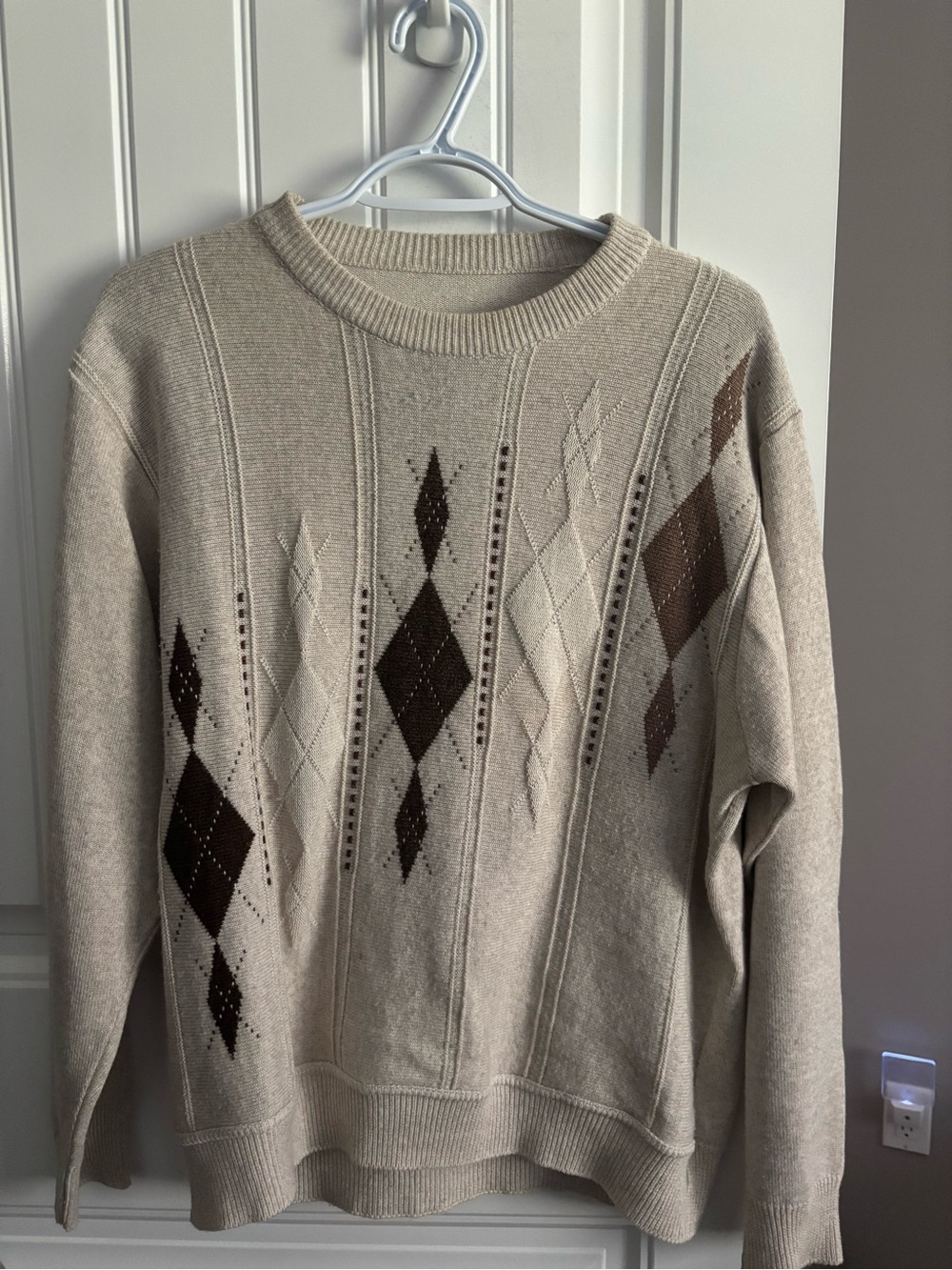 Beige Crewneck Sweater with Brown Argyle